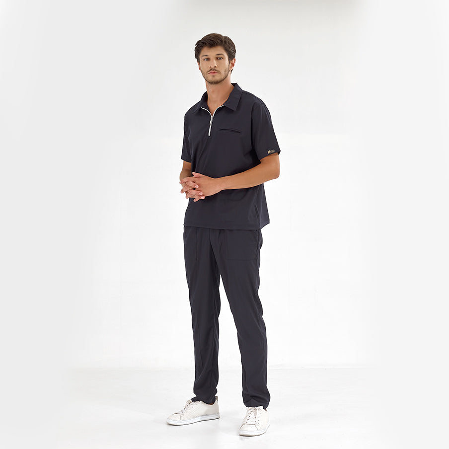 Lacivert Polo Yaka  Scrubs Takım Lüks Likralı Kumaş