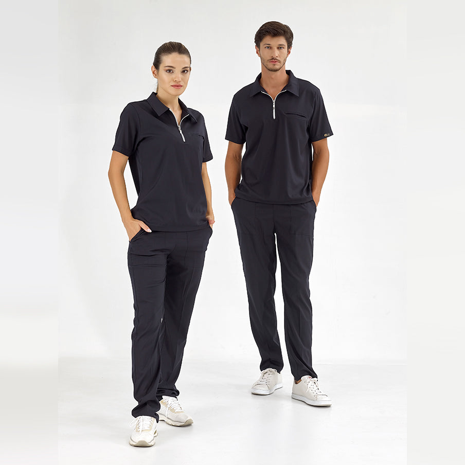 Lacivert Polo Yaka  Scrubs Takım Lüks Likralı Kumaş
