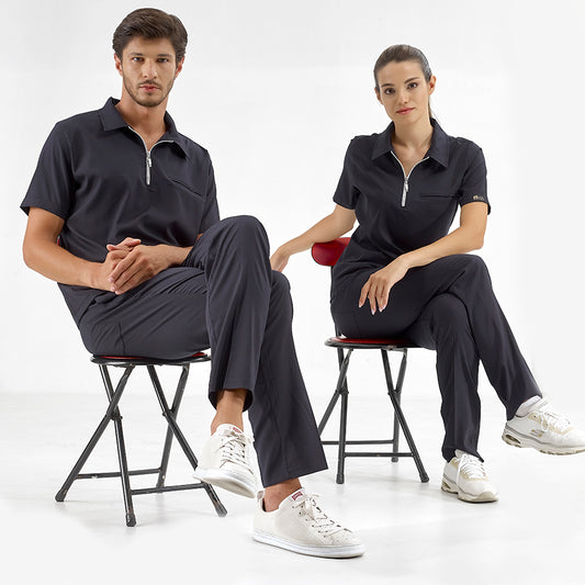Lacivert Polo Yaka  Scrubs Takım Lüks Likralı Kumaş