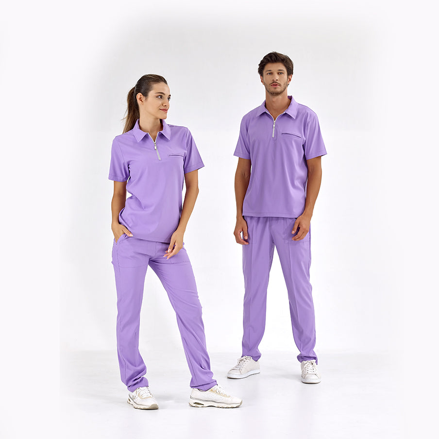 Lila Polo Yaka  Scrubs Takım Lüks Likralı Kumaş