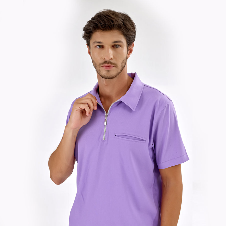 Lila Polo Yaka  Scrubs Takım Lüks Likralı Kumaş