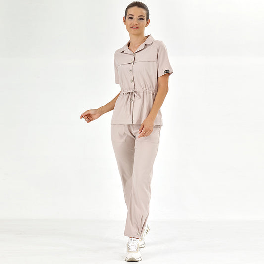 Krem Retro Kadın  Scrubs Takım Lüks Likralı Kumaş