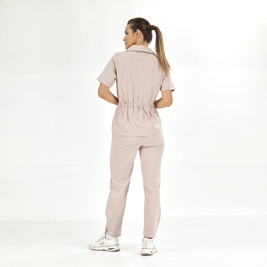 Krem Retro Kadın  Scrubs Takım Lüks Likralı Kumaş