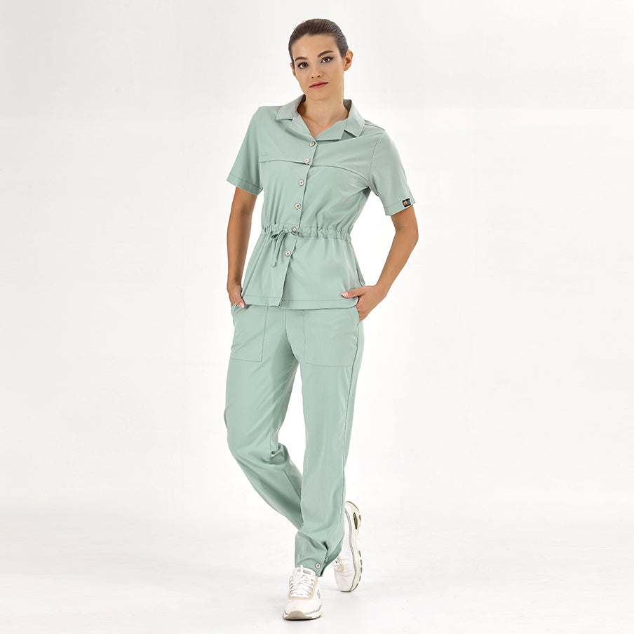 Mint Yeşili Retro Kadın  Scrubs Takım Lüks Likralı Kumaş