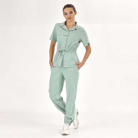 Mint Yeşili Retro Kadın  Scrubs Takım Lüks Likralı Kumaş