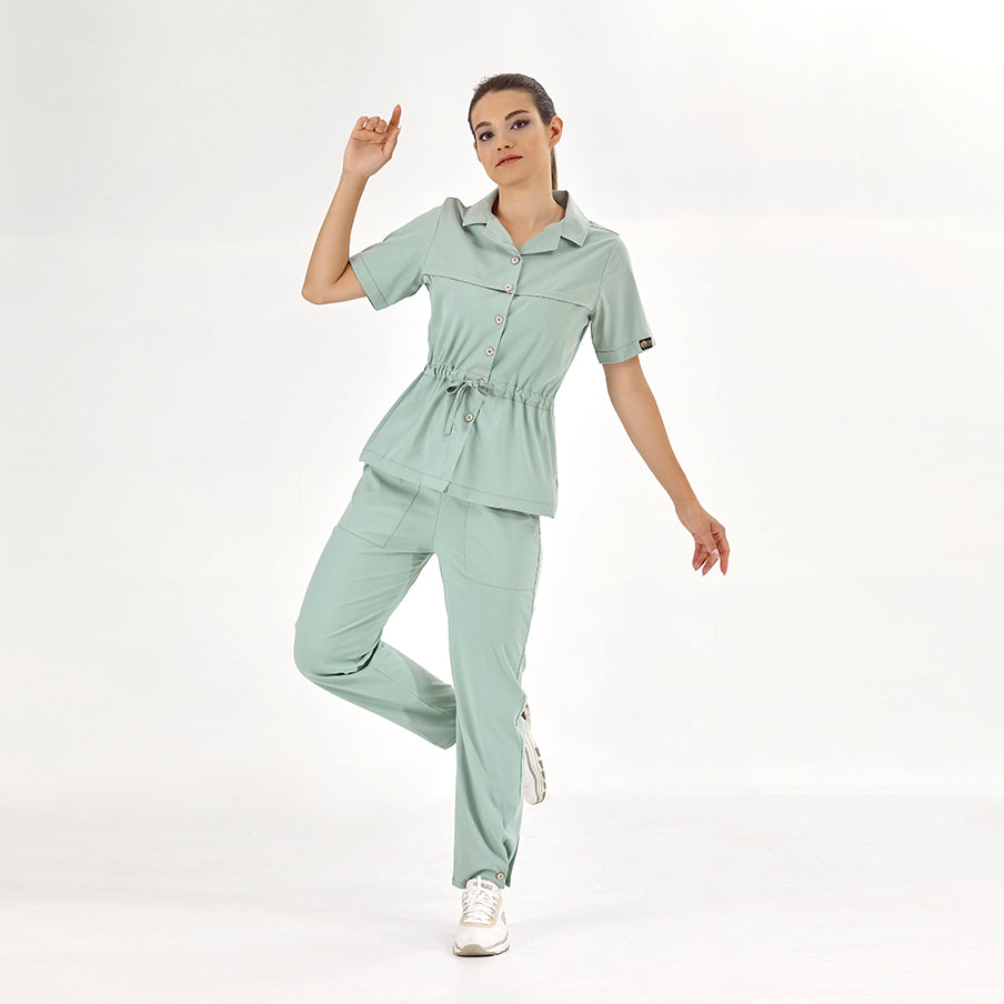 Mint Yeşili Retro Kadın  Scrubs Takım Lüks Likralı Kumaş