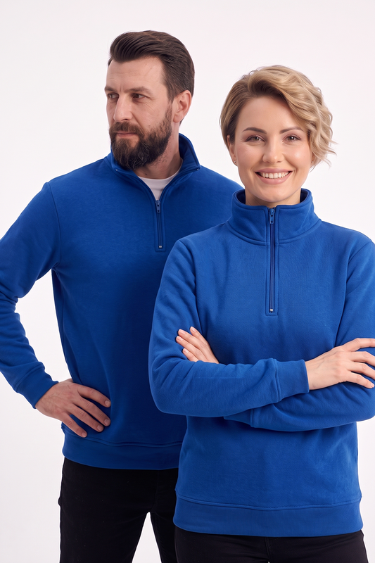Saks Mavisi Dik Yaka Yarım Fermuarlı İş Sweatshirt 3 İplik