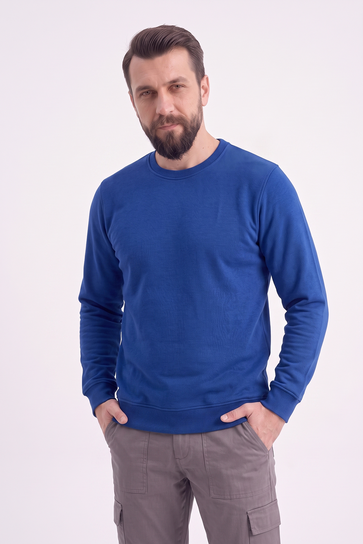 Saks Mavisi Yuvarlak Yaka İş Sweatshirt 2 İplik