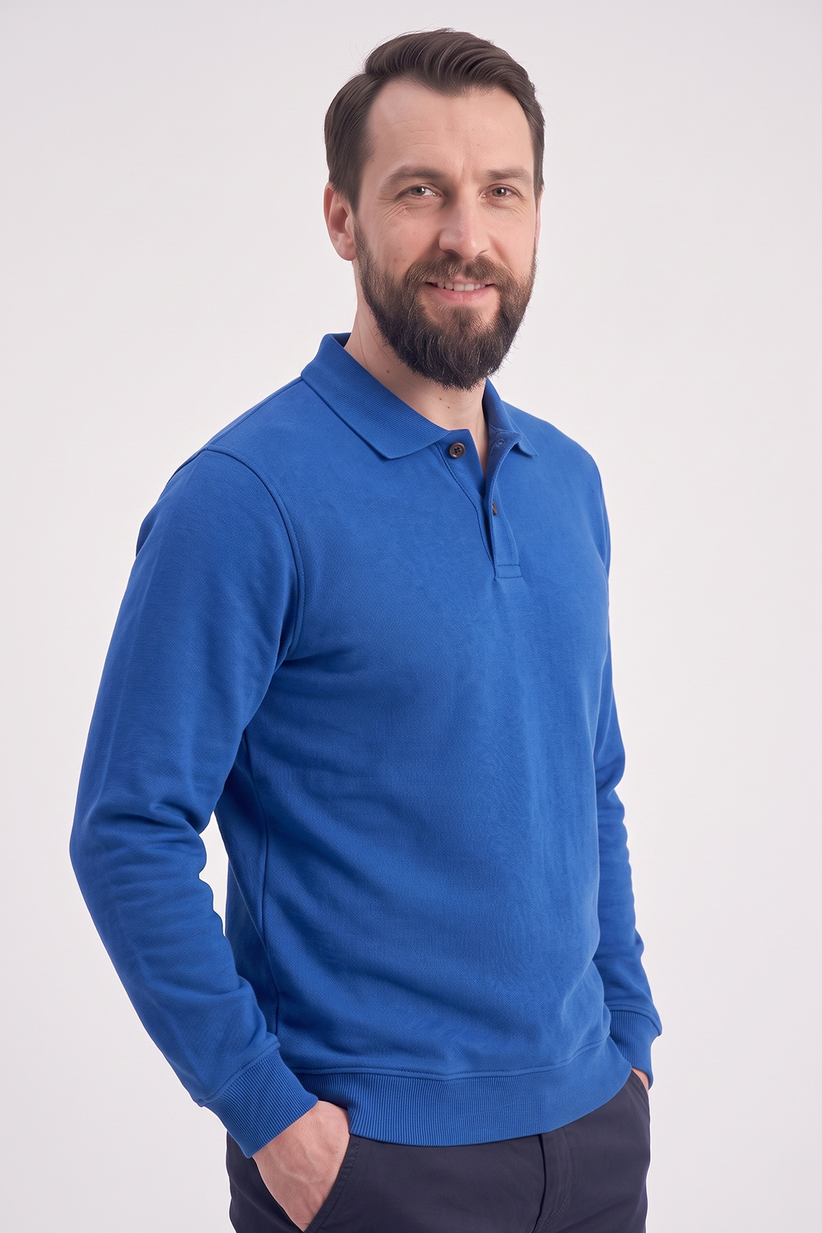 Saks Mavisi Polo Yaka İş Sweatshirt 3 İplik Şardonlu