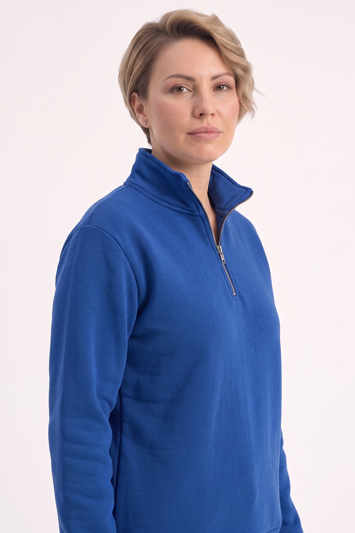 Saks Mavisi Dik Yaka Yarım Fermuarlı İş Sweatshirt 3 İplik Şardonlu