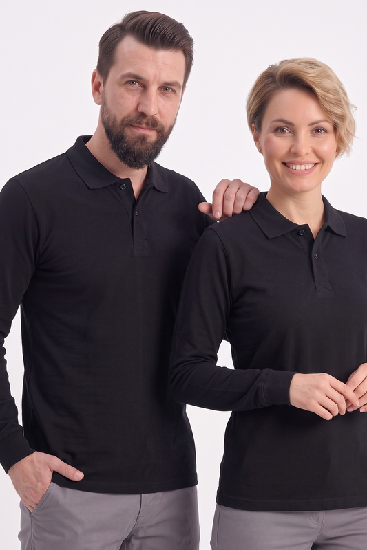 Siyah Polo Yaka Uzun Kol İş Sweatshirtü Penye Lacoste Kumaş