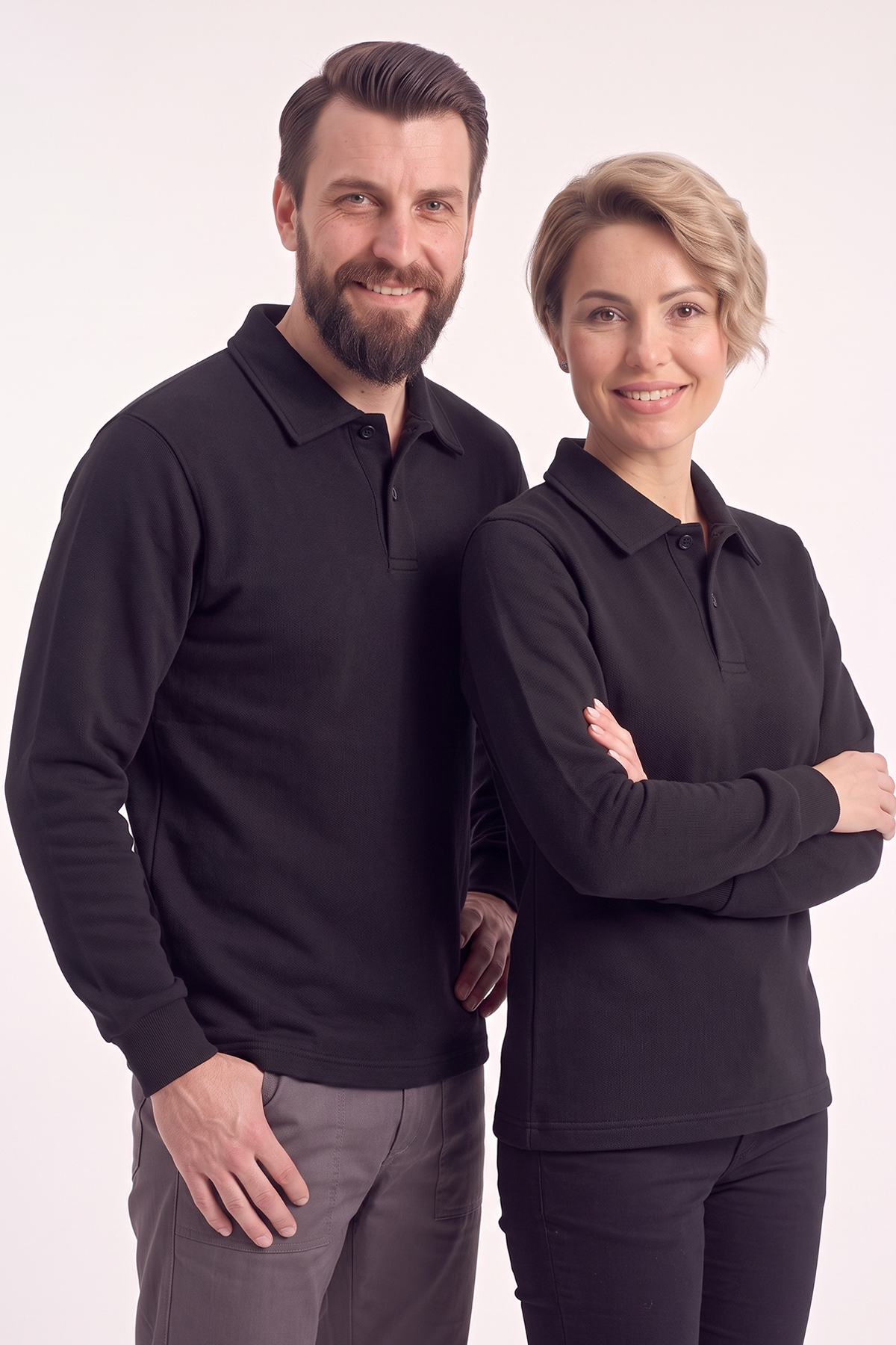 Siyah Polo Yaka İş Sweatshirt 3 İplik Şardonlu