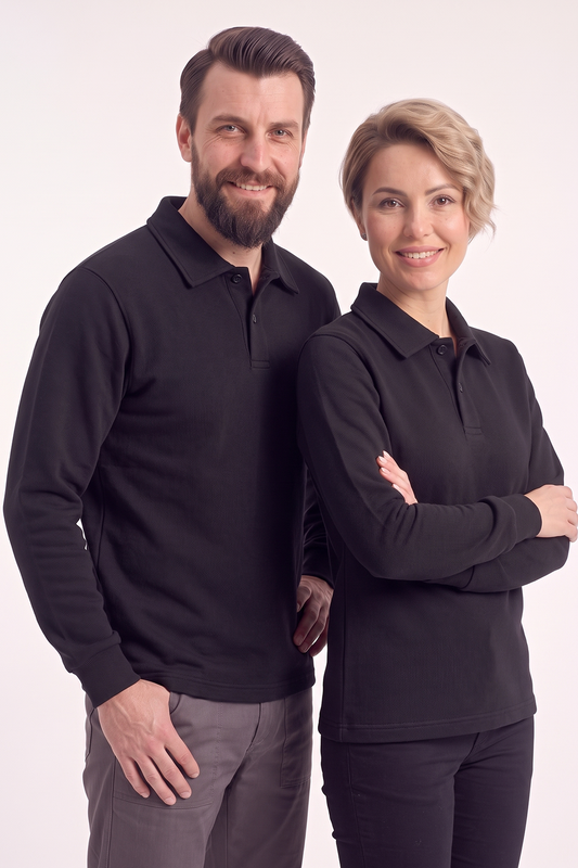 Siyah Polo Yaka İş Sweatshirt 3 İplik Şardonlu