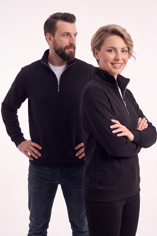 Siyah Dik Yaka Yarım Fermuarlı İş Sweatshirt 3 İplik Şardonlu