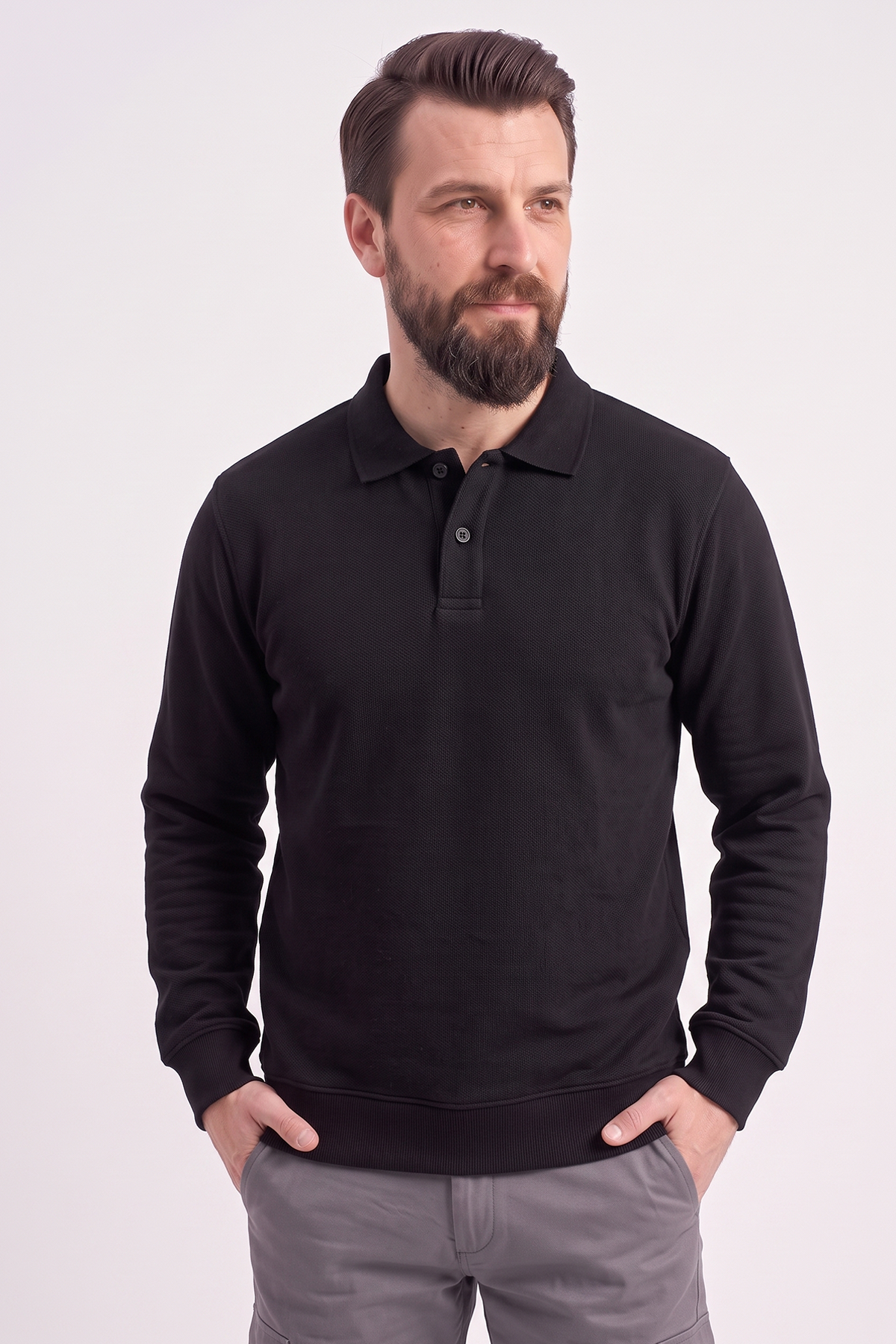 Siyah Polo Yaka İş Sweatshirt 3 İplik Şardonlu