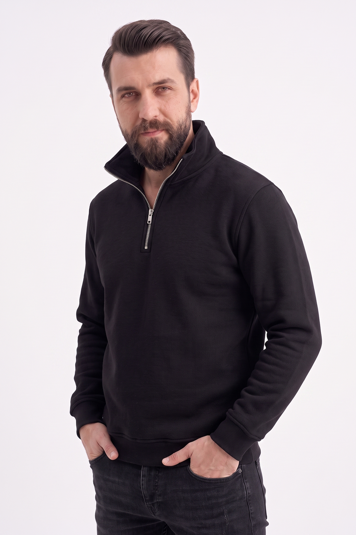 Siyah Dik Yaka Yarım Fermuarlı İş Sweatshirt 3 İplik