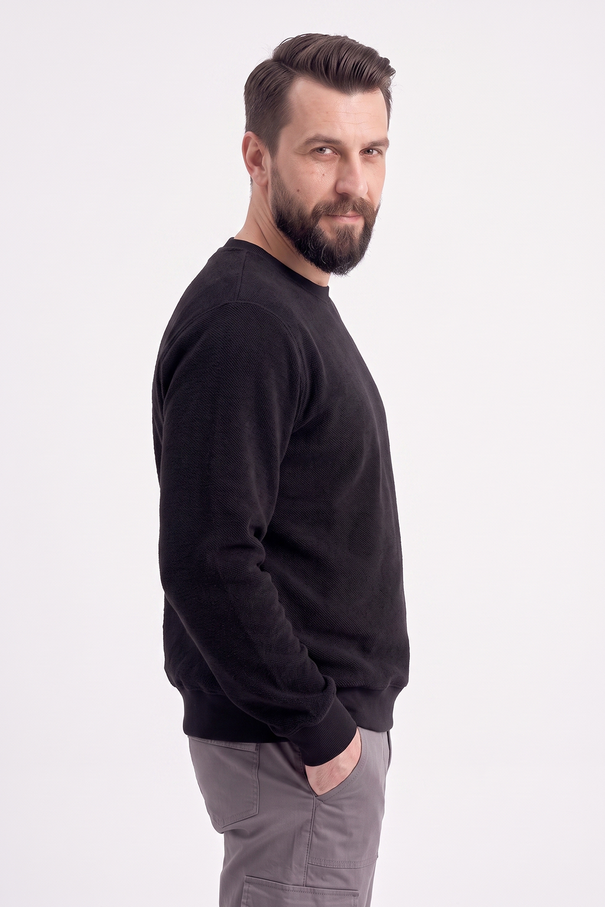 Siyah Yuvarlak Yaka İş Sweatshirt 2 İplik