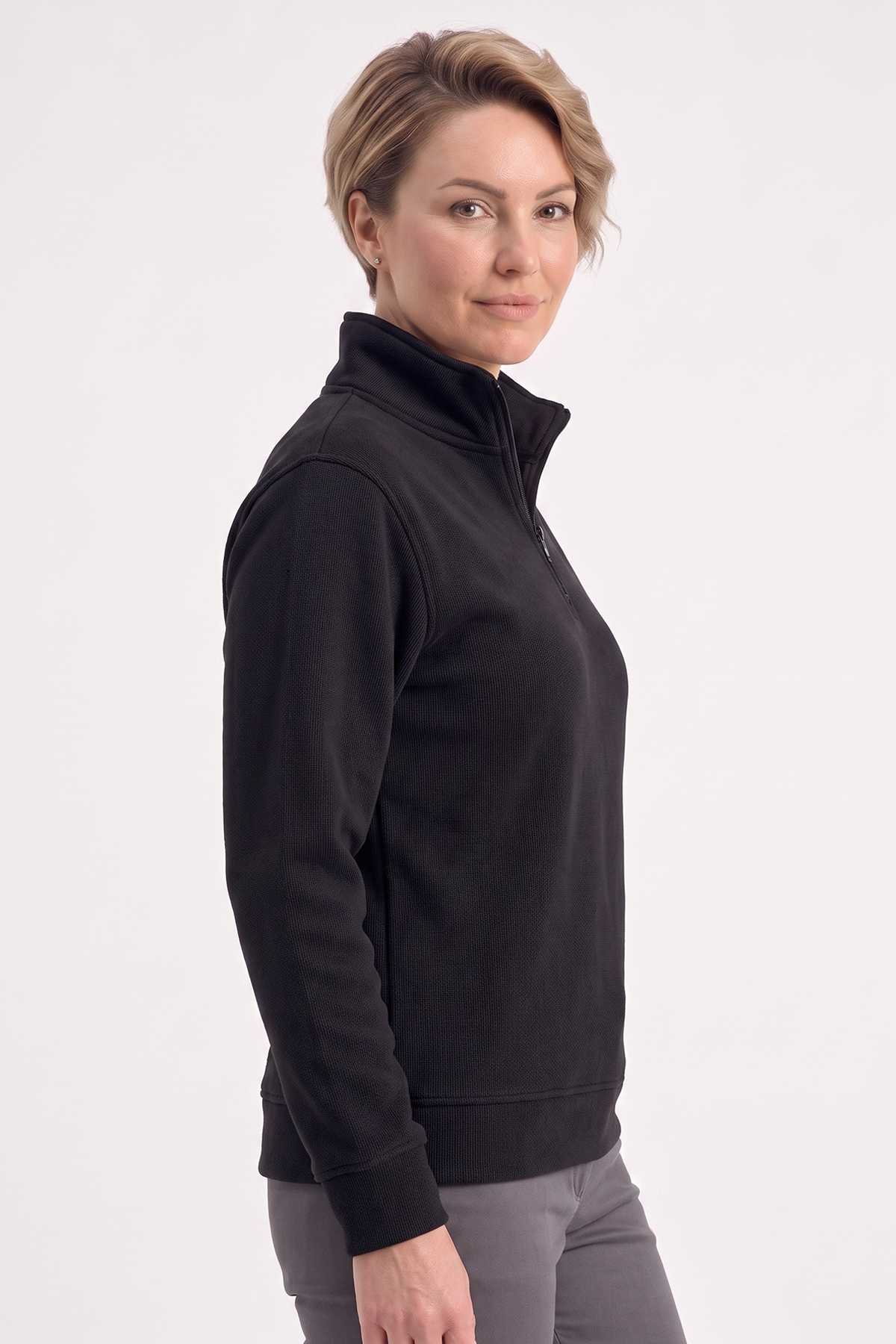 Siyah Dik Yaka Yarım Fermuarlı İş Sweatshirt 3 İplik
