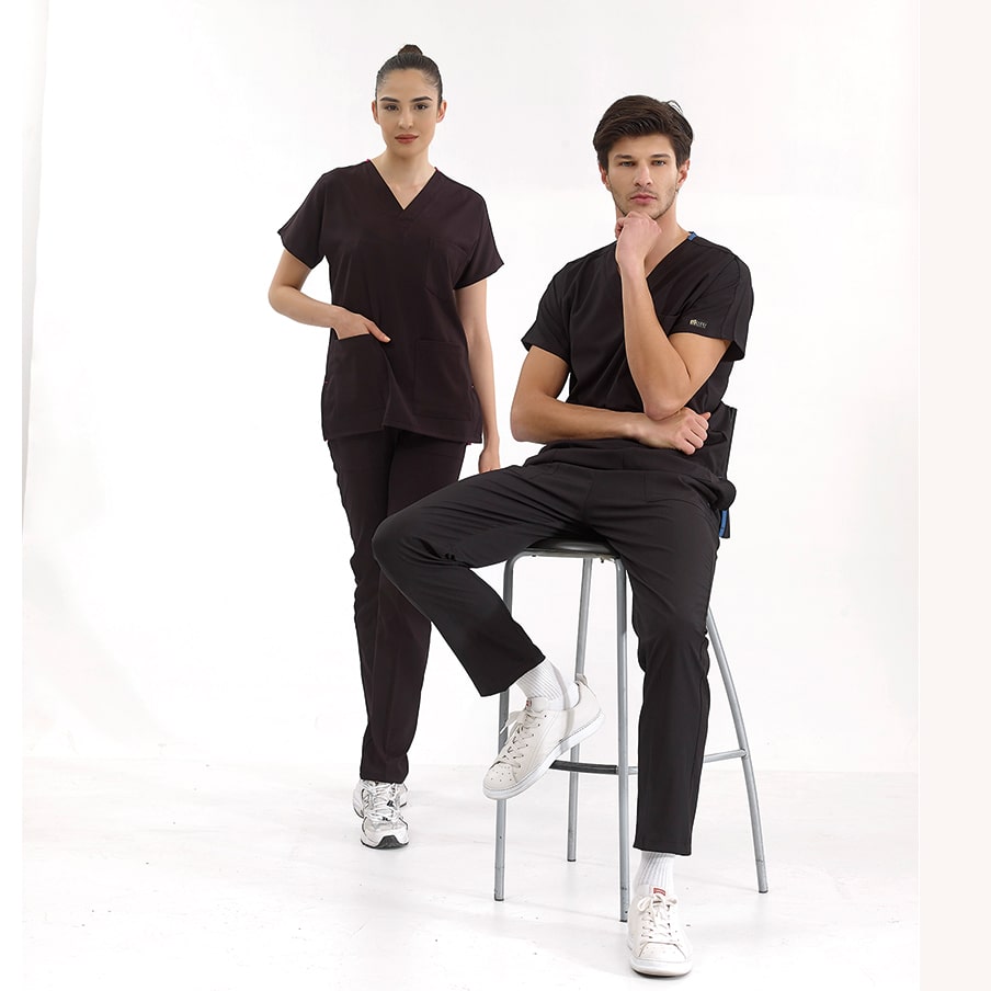 Siyah Dr. Greys  Scrubs Takım Lüks Likralı Kumaş