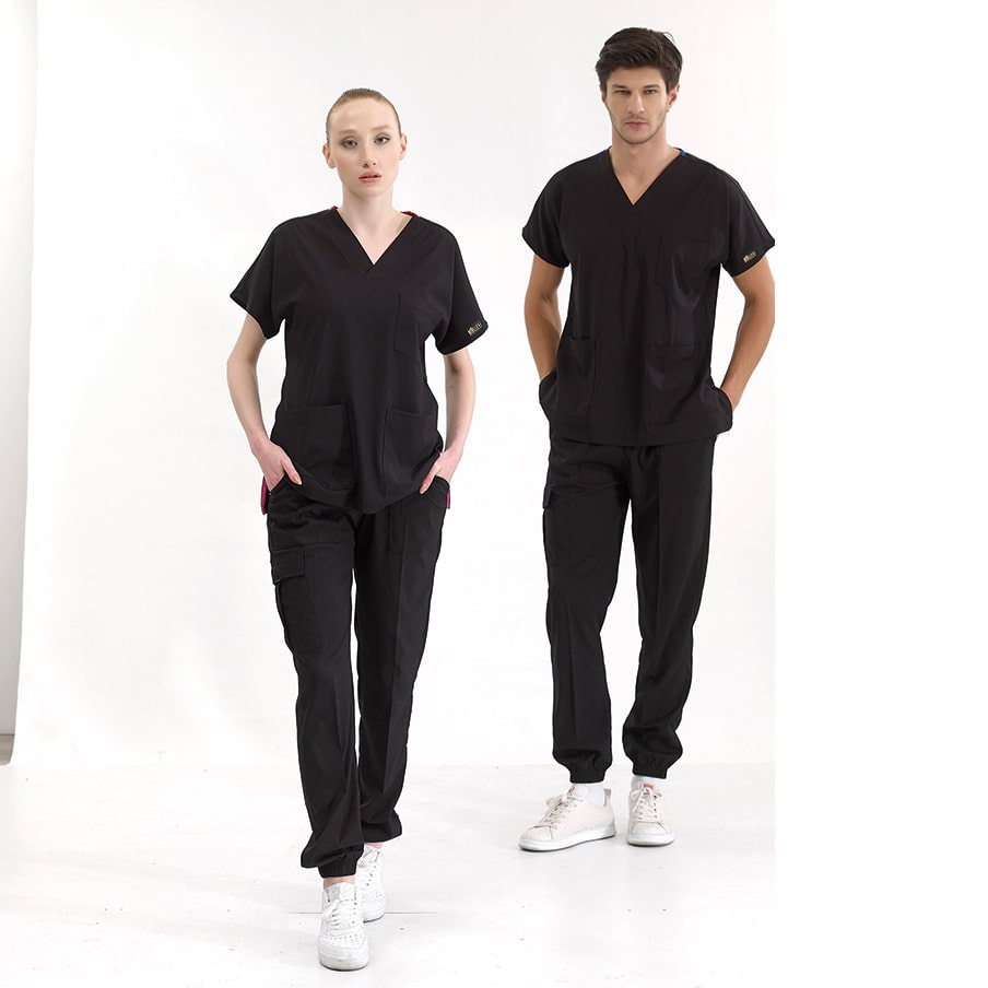 Siyah Jogger  Scrubs Takım Lüks Likralı Kumaş