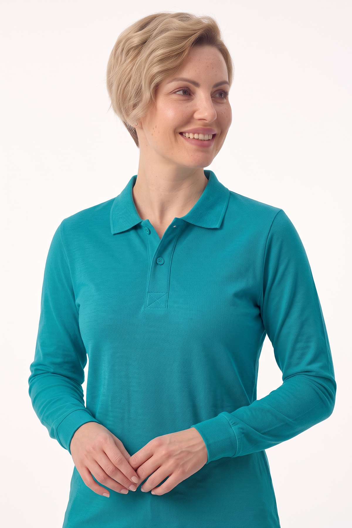 Turkuaz Polo Yaka Uzun Kol İş Sweatshirtü Penye Lacoste Kumaş