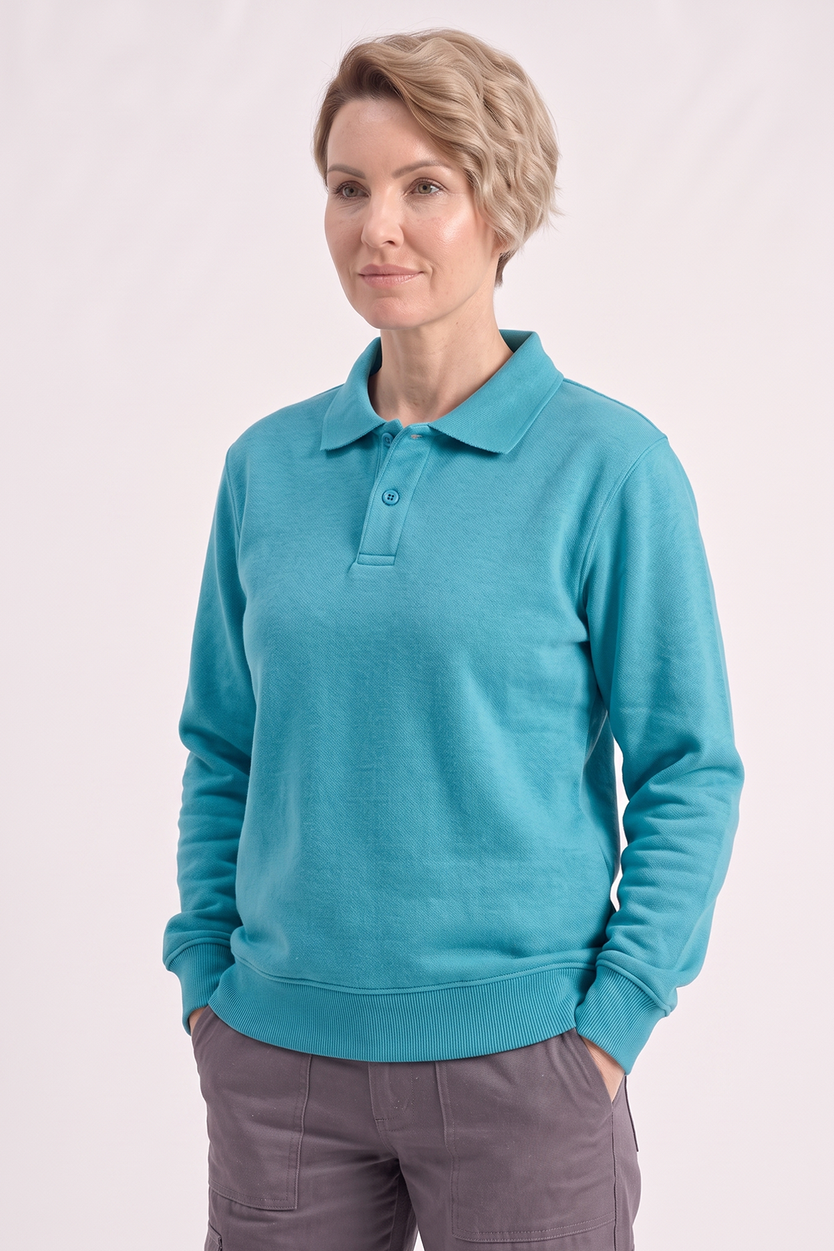 Turkuaz Polo Yaka İş Sweatshirt 3 İplik