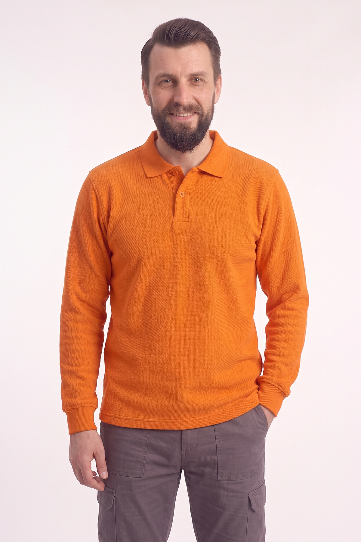 Turuncu Polo Yaka İş Sweatshirt 3 İplik Şardonlu