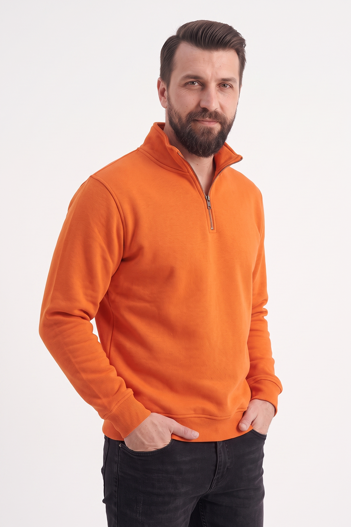Turuncu Dik Yaka Yarım Fermuarlı İş Sweatshirt 3 İplik