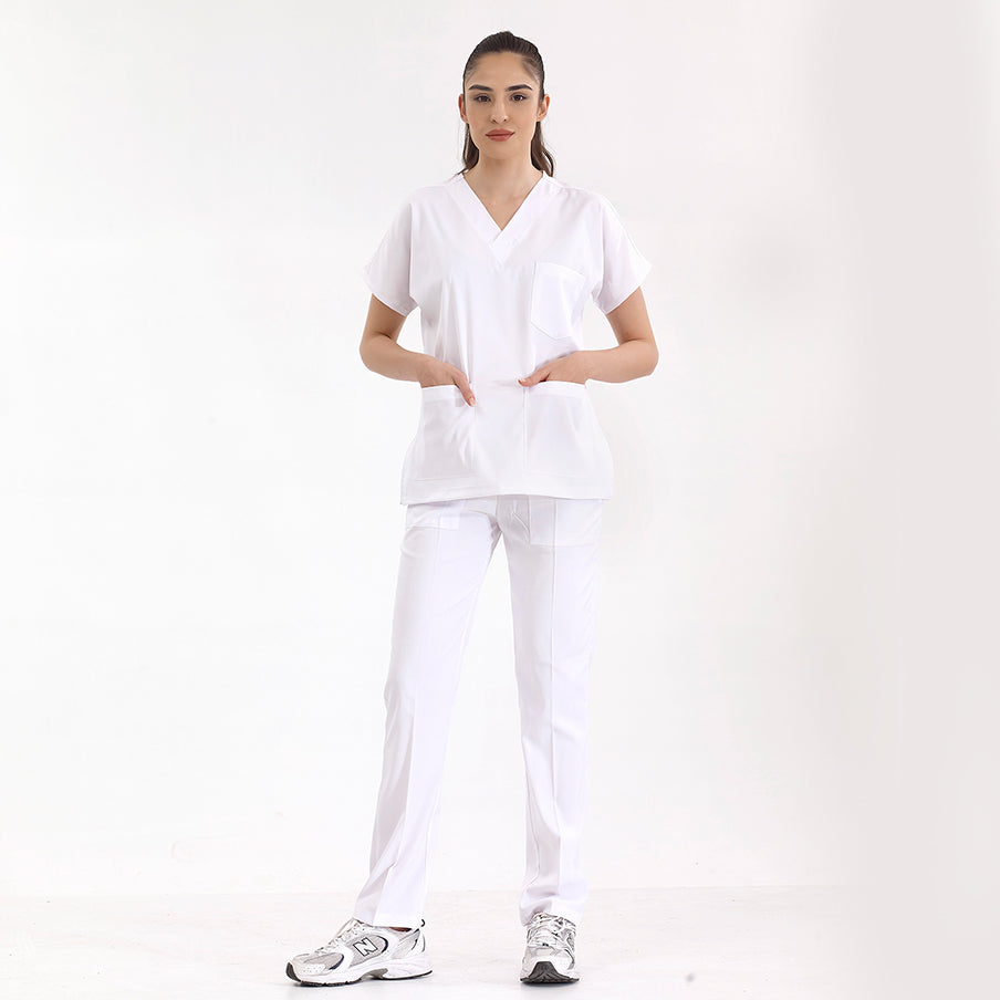 Beyaz Dr. Greys  Scrubs Takım Lüks Likralı Kumaş