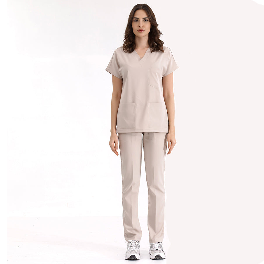 Krem Dr. Greys  Scrubs Takım Lüks Likralı Kumaş