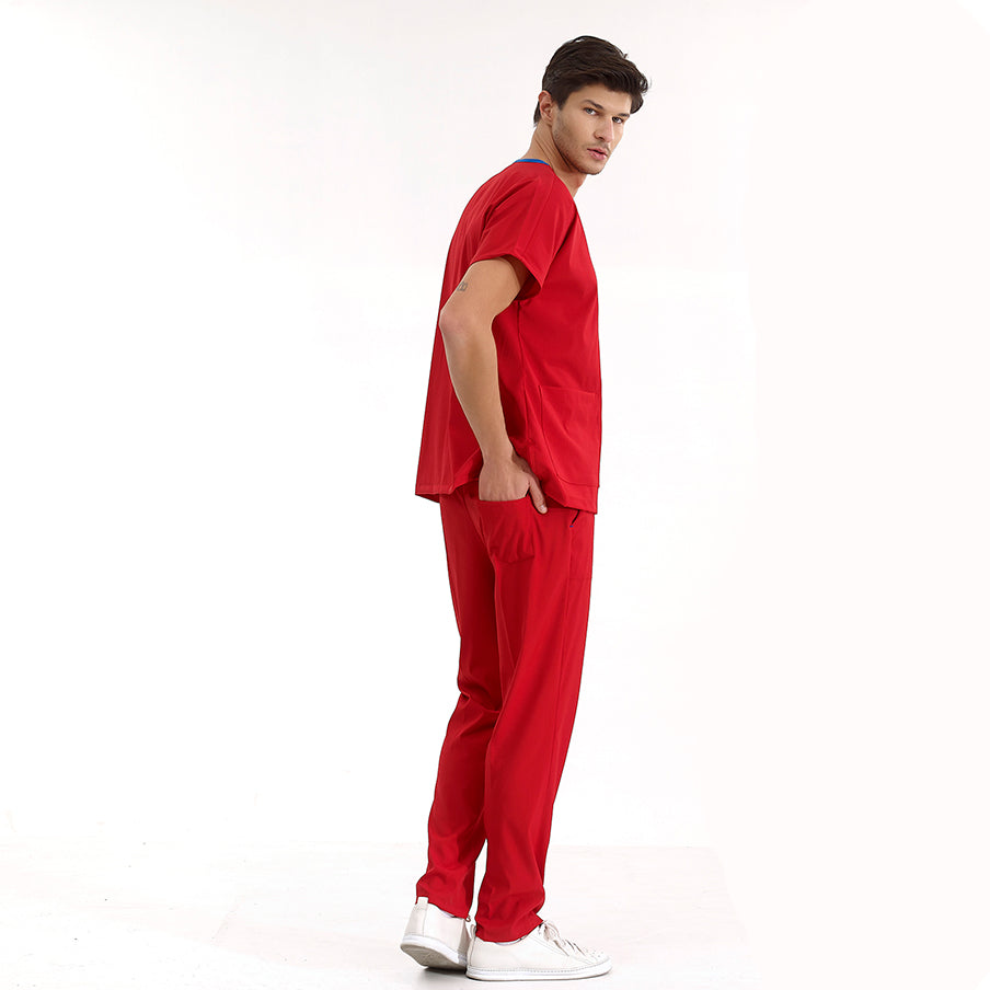 Kırmızı Dr. Greys  Scrubs Takım Lüks Likralı Kumaş