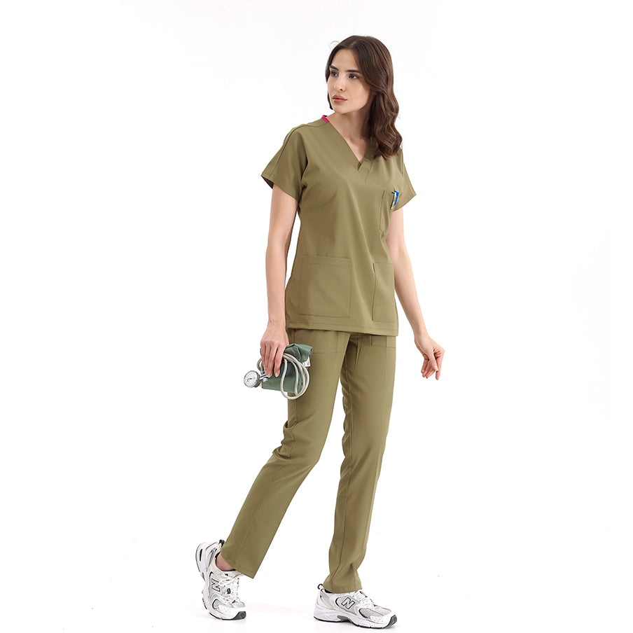 Haki Dr. Greys  Scrubs Takım Lüks Likralı Kumaş