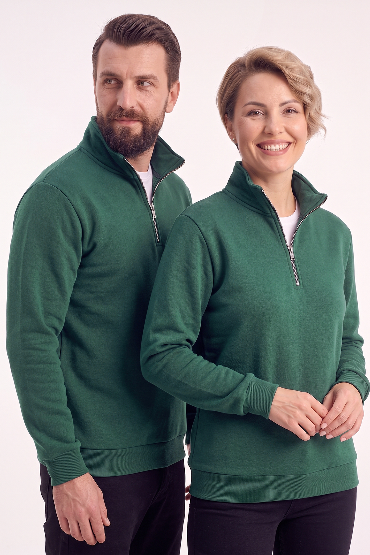 Avcı Yeşili Dik Yaka Yarım Fermuarlı İş Sweatshirt 3 İplik