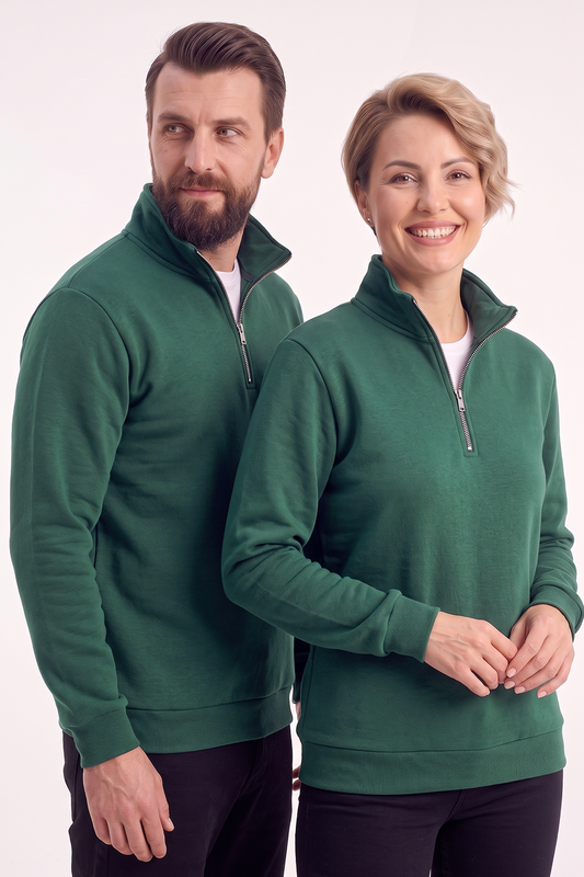 Avcı Yeşili Dik Yaka Yarım Fermuarlı İş Sweatshirt 3 İplik
