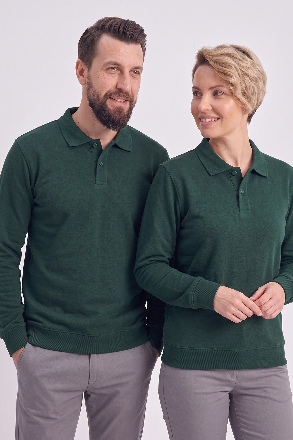 Avcı Yeşili Polo Yaka İş Sweatshirt 3 İplik