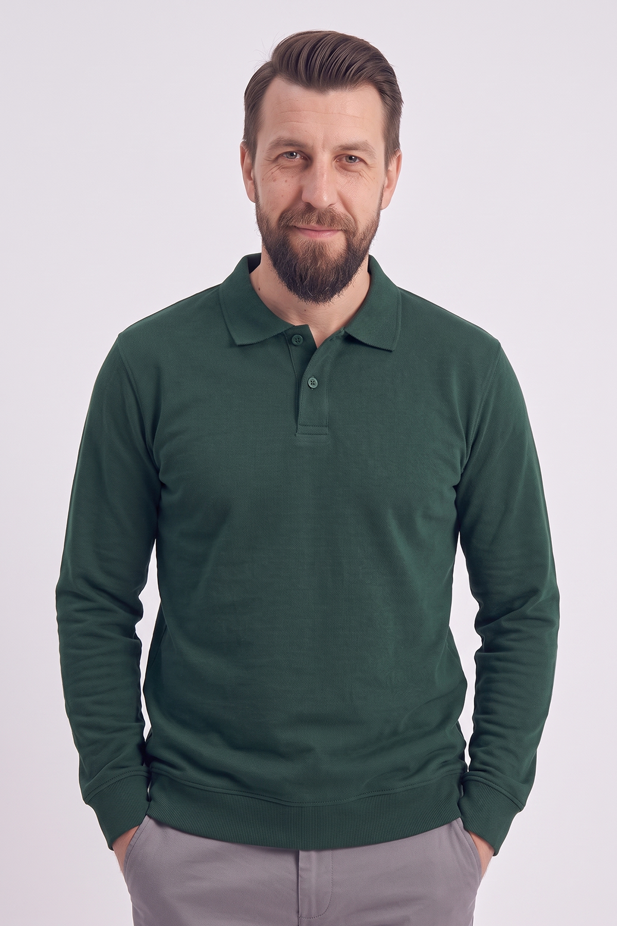 Avcı Yeşili Polo Yaka İş Sweatshirt 3 İplik