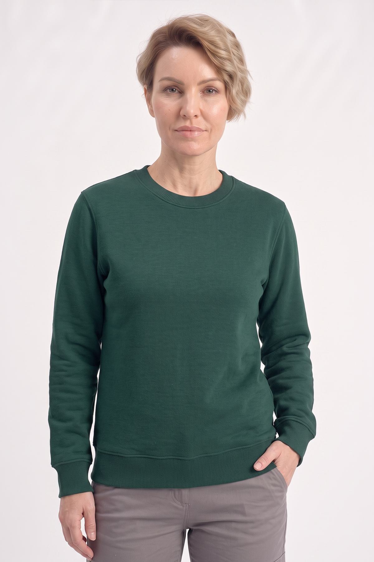 Avcı Yeşili Yuvarlak Yaka İş Sweatshirt 2 İplik