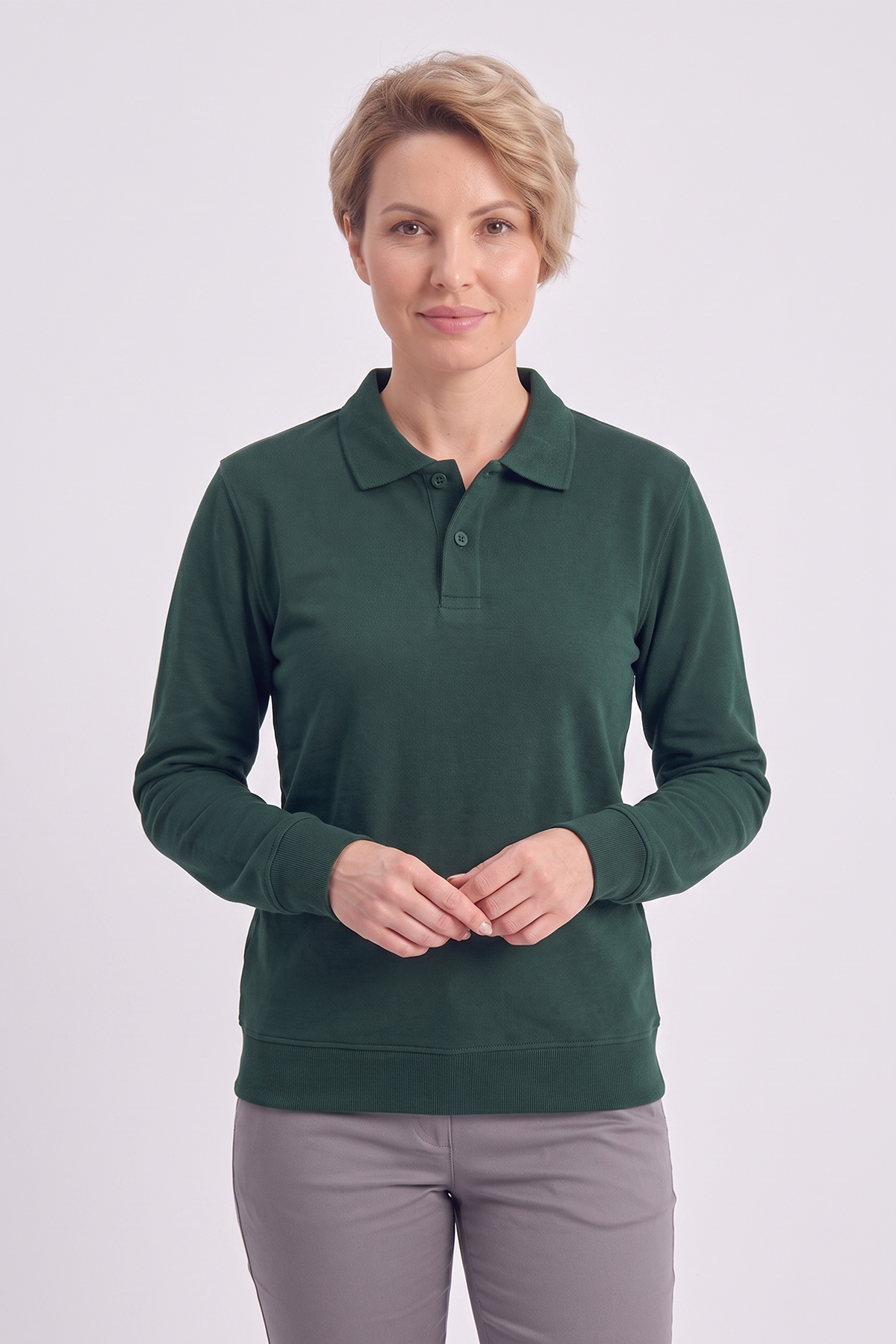 Avcı Yeşili Polo Yaka İş Sweatshirt 3 İplik Şardonlu