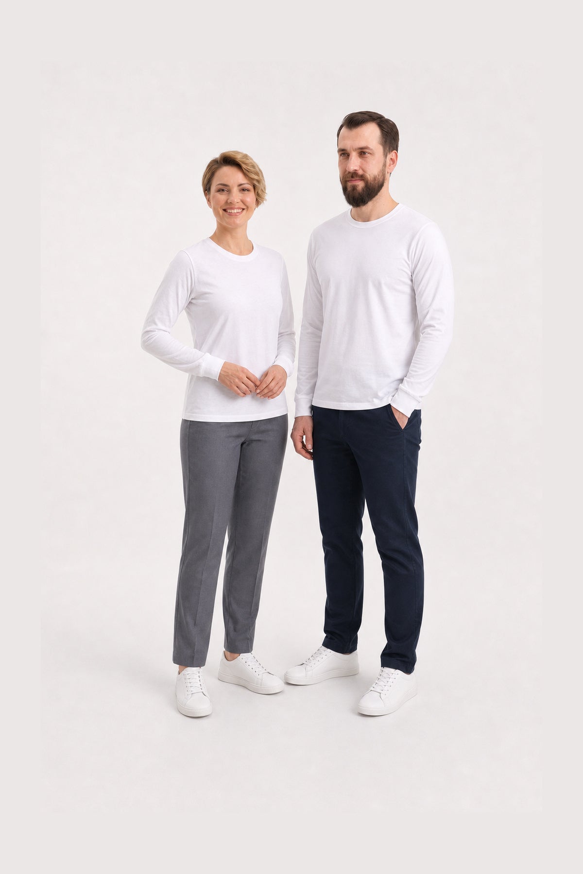 Beyaz %100 Pamuk Penye Yuvarlak Yaka Sweatshirt Uzun Kol