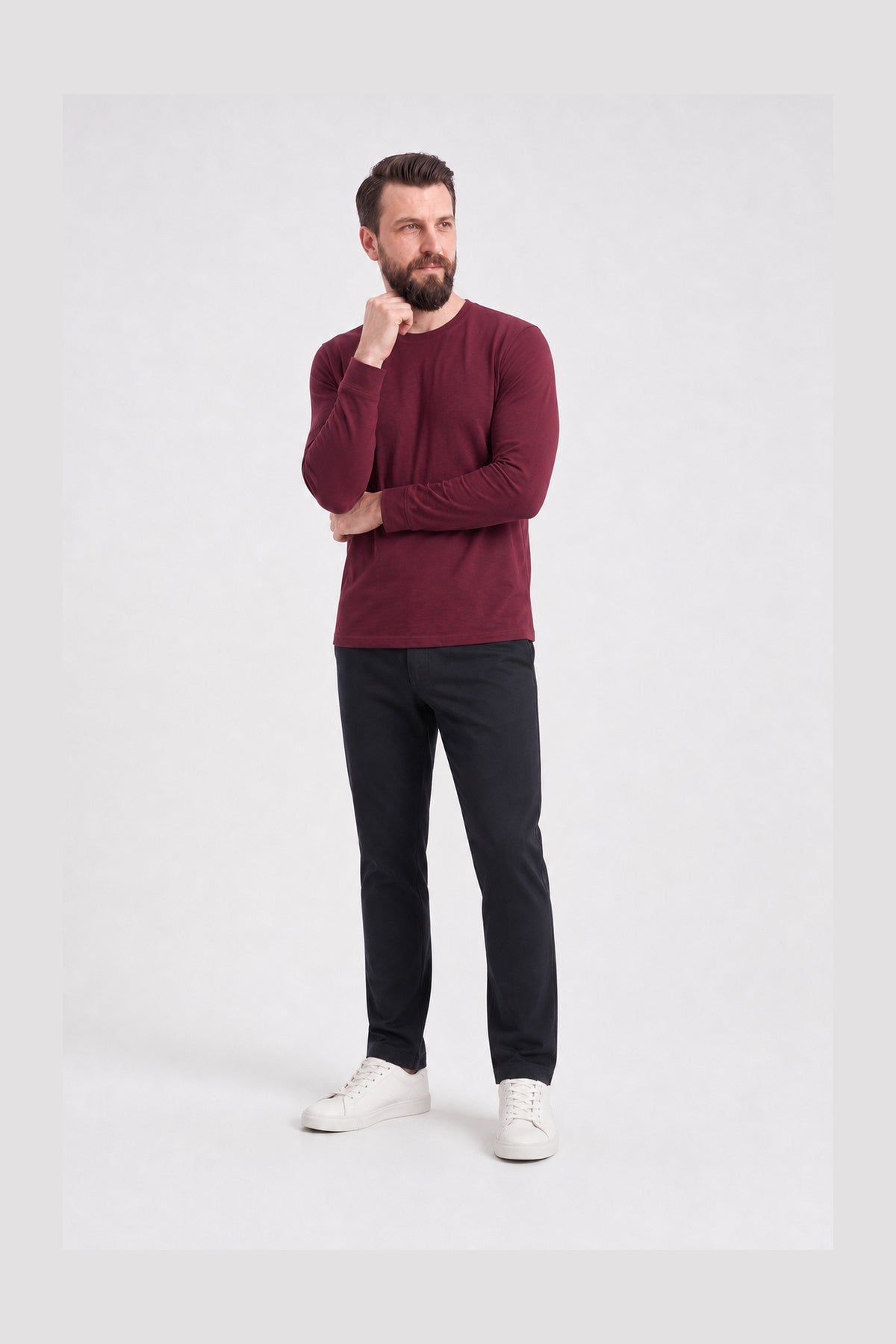 Bordo %100 Pamuk Penye Yuvarlak Yaka Sweatshirt Uzun Kol
