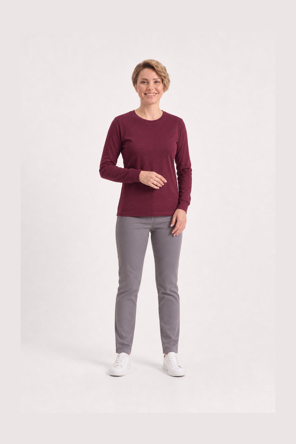Bordo %100 Pamuk Penye Yuvarlak Yaka Sweatshirt Uzun Kol
