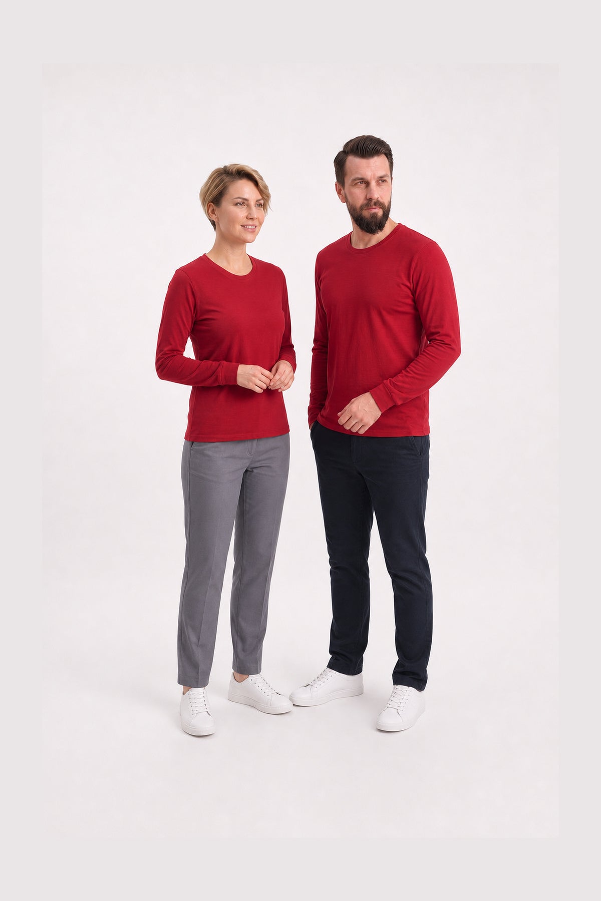 Kırmızı %100 Pamuk Penye Yuvarlak Yaka Sweatshirt Uzun Kol