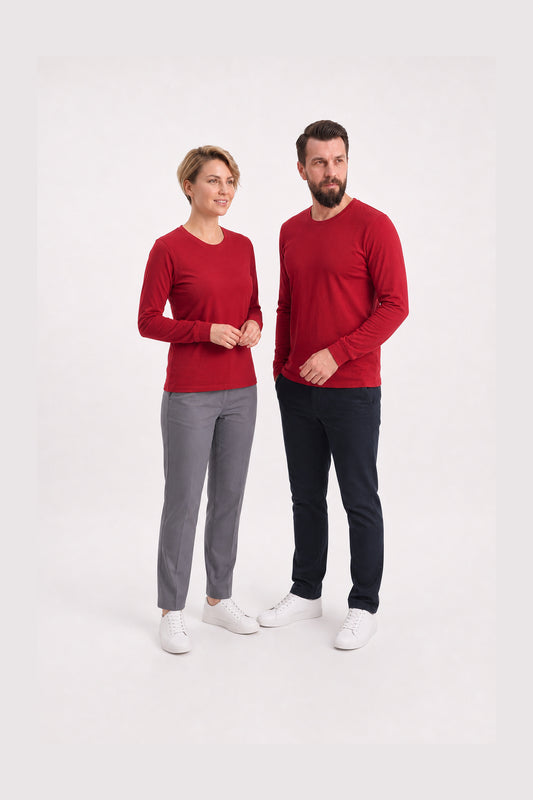 Kırmızı %100 Pamuk Penye Yuvarlak Yaka Sweatshirt Uzun Kol