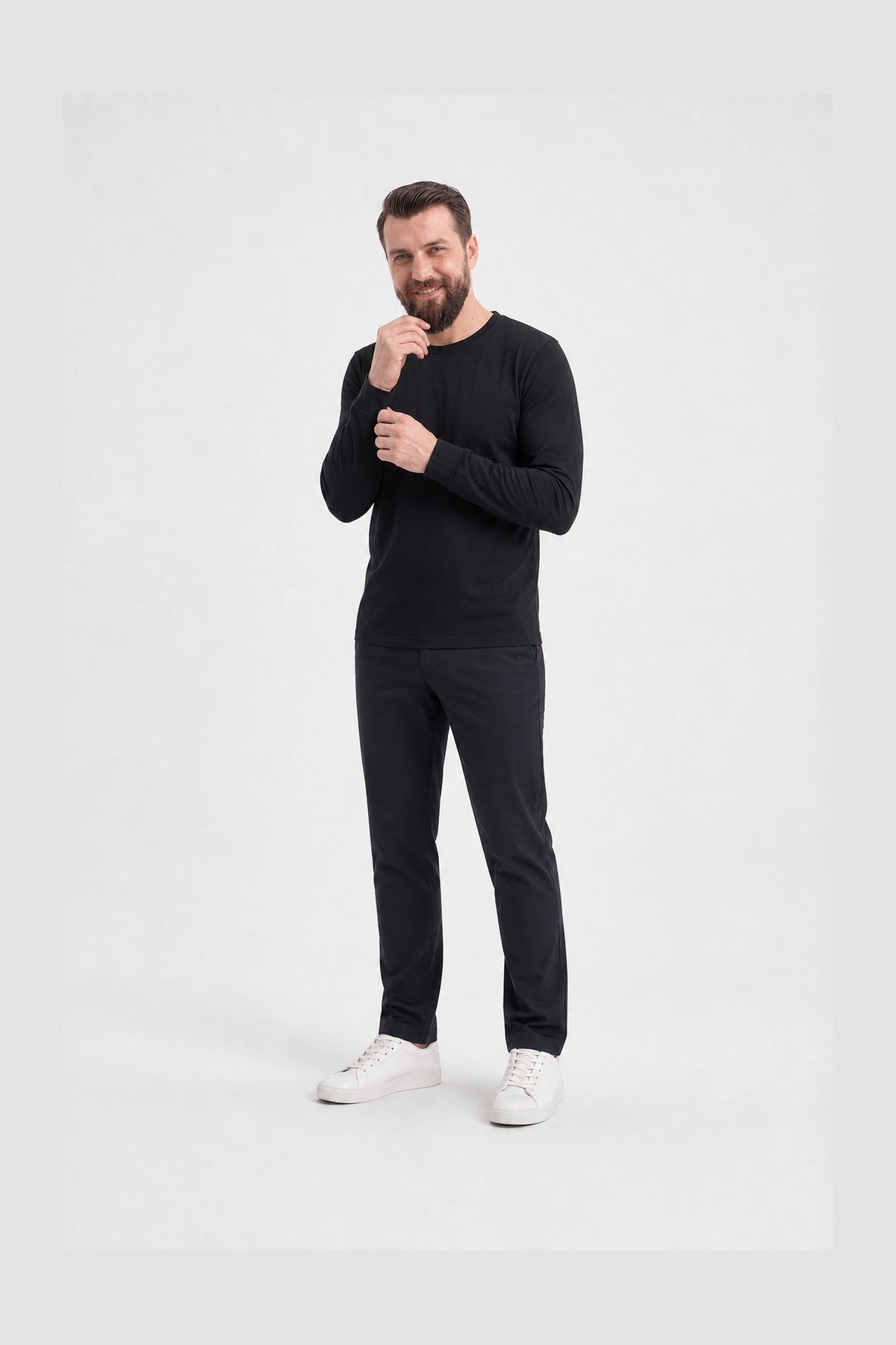Siyah %100 Pamuk Penye Yuvarlak Yaka Sweatshirt Uzun Kol