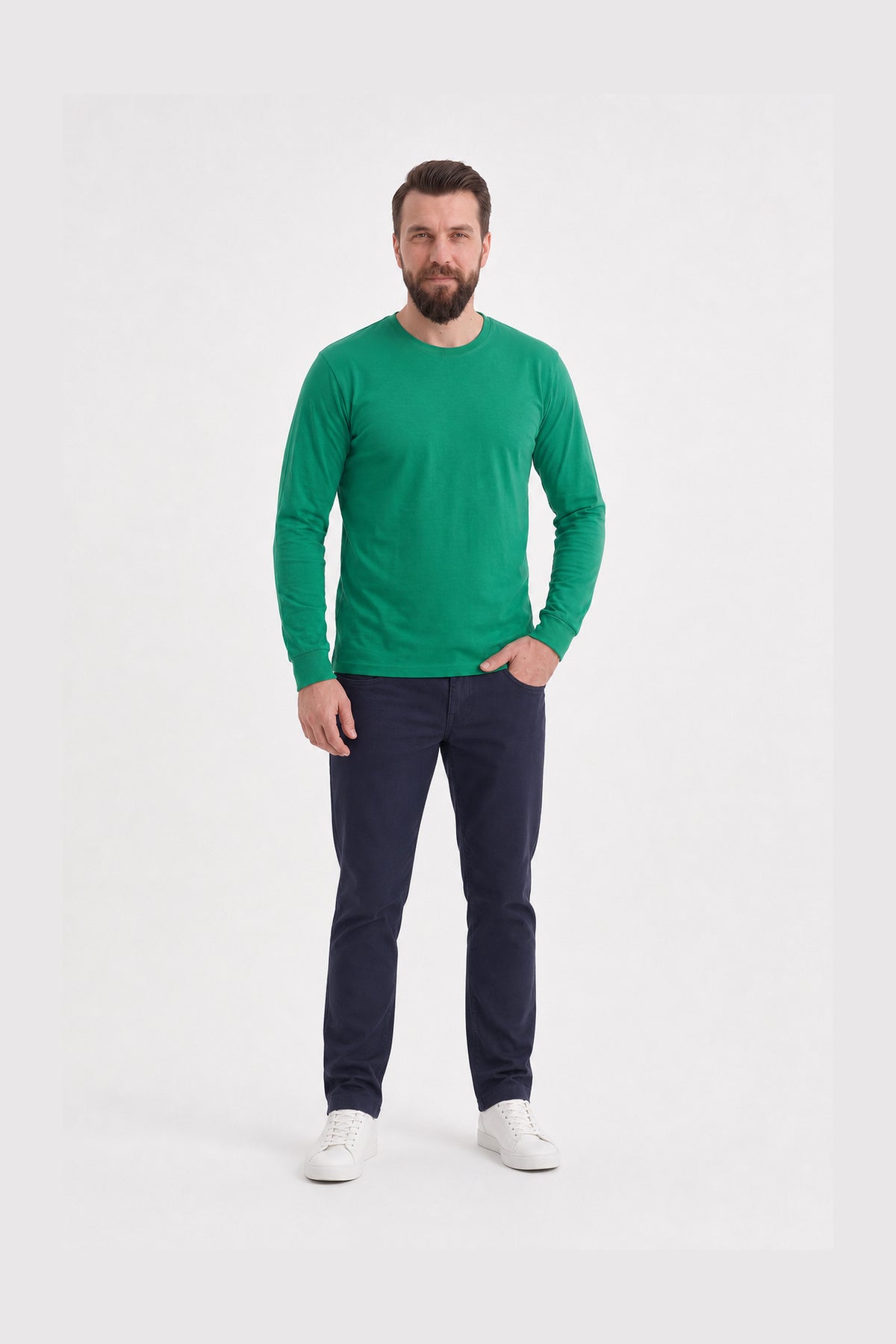 Brezilya Yeşili %100 Pamuk Penye Yuvarlak Yaka Sweatshirt Uzun Kol